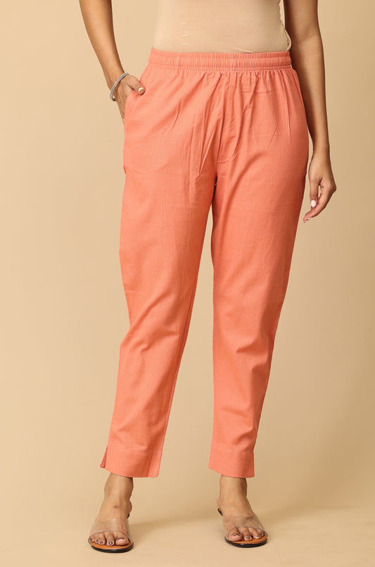 Peach Cotton Trouser Fit with Drawstring Cigarette Pant