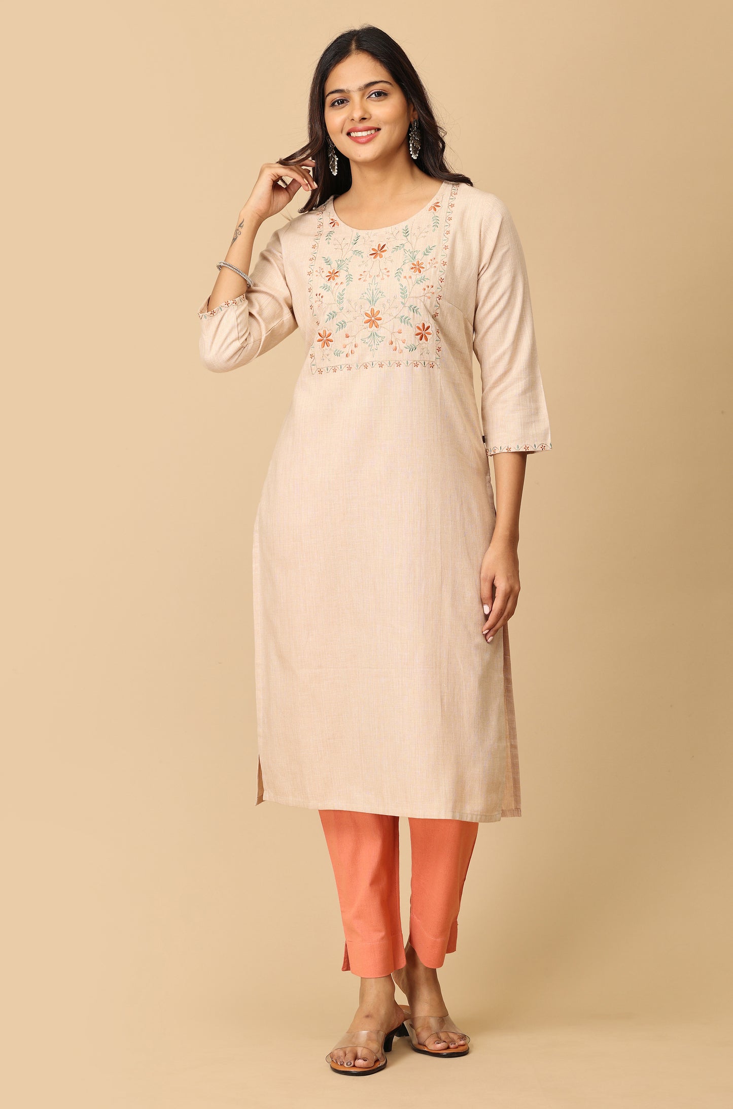 Beige Khadi Embroidery Kurti