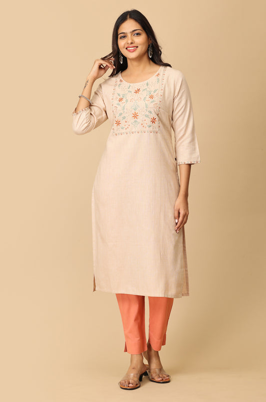 Beige Khadi Embroidery Kurti