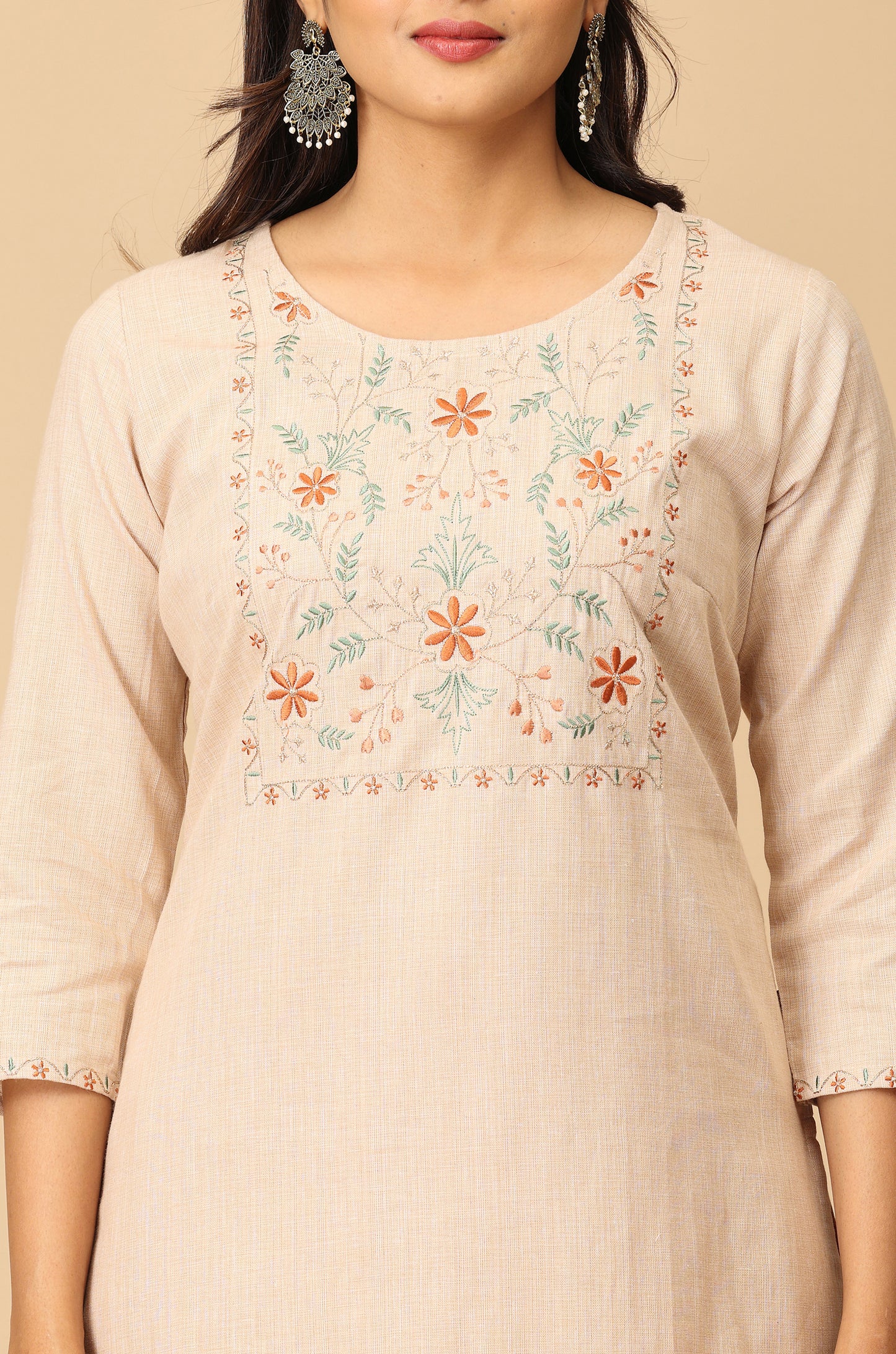 Beige Khadi Embroidery Kurti