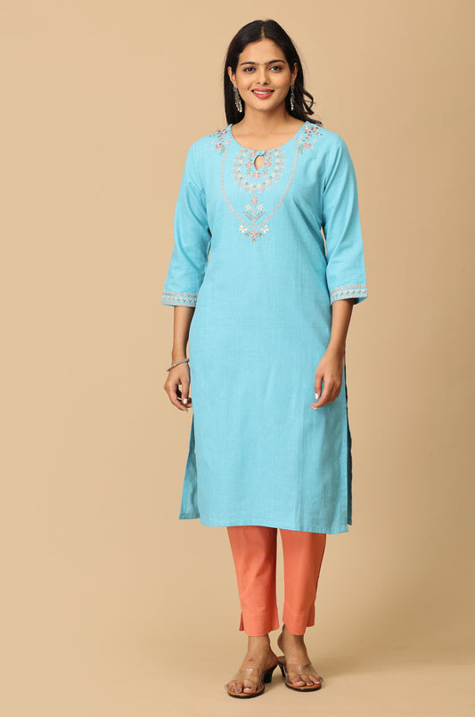 Sky Blue Khadi Embroidery Kurti