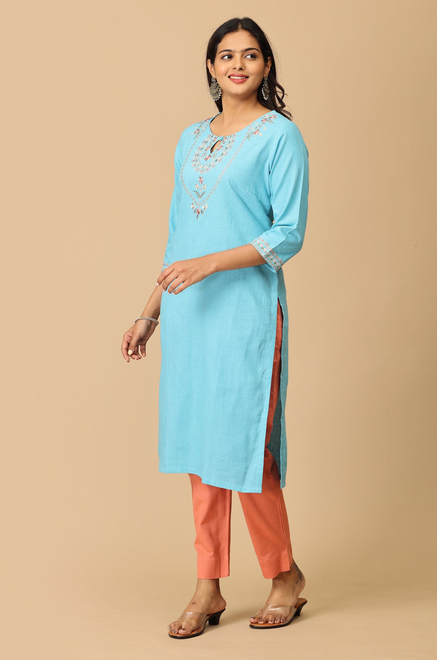 Sky Blue Khadi Embroidery Kurti