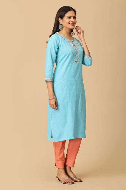 Sky Blue Khadi Embroidery Kurti