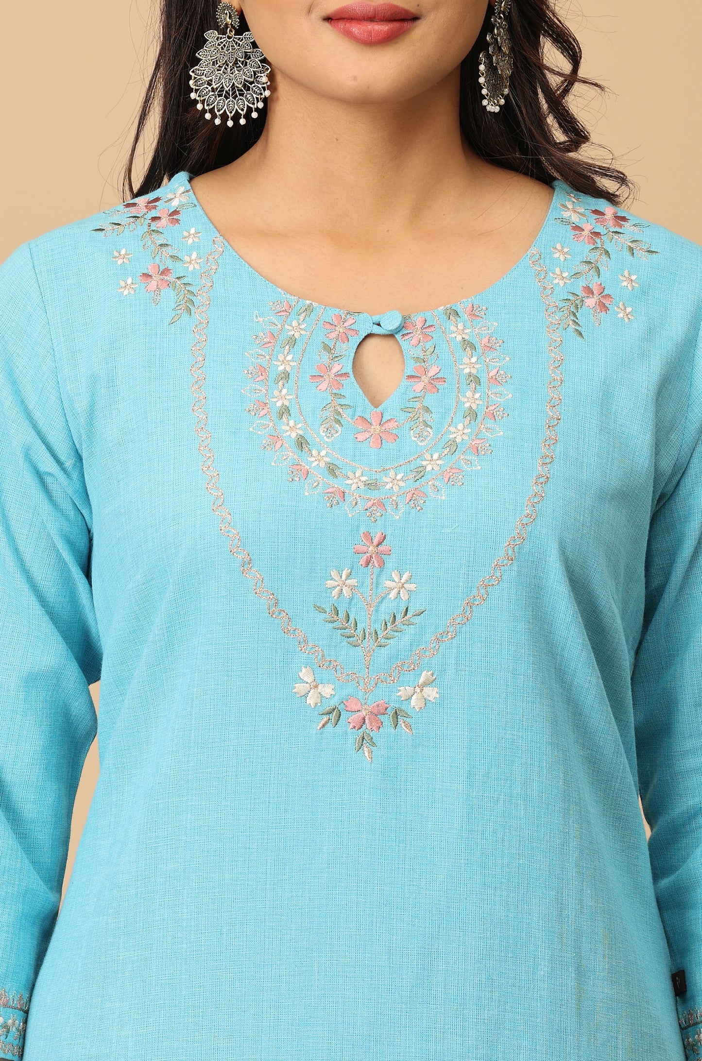 Sky Blue Khadi Embroidery Kurti