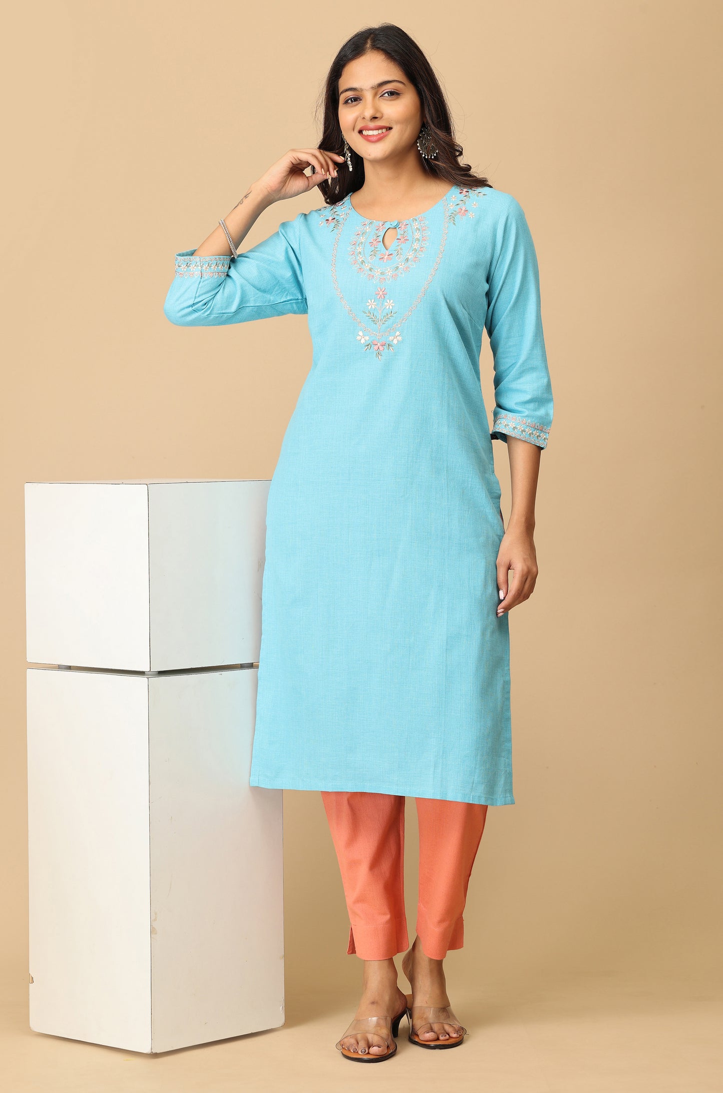 Sky Blue Khadi Embroidery Kurti