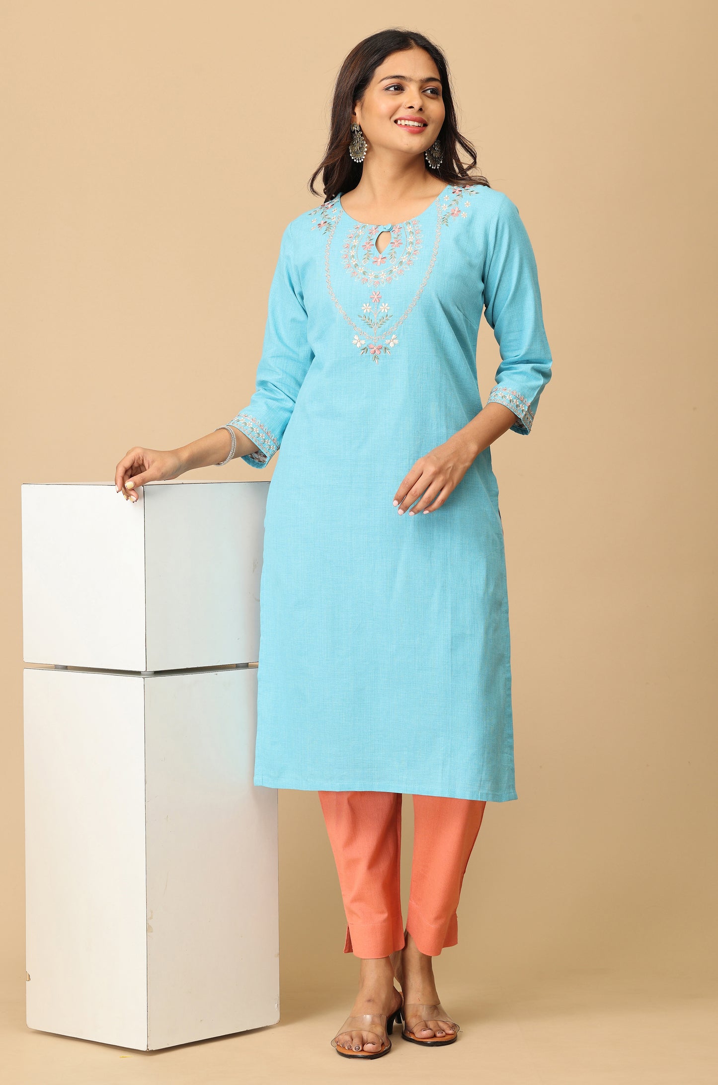 Sky Blue Khadi Embroidery Kurti