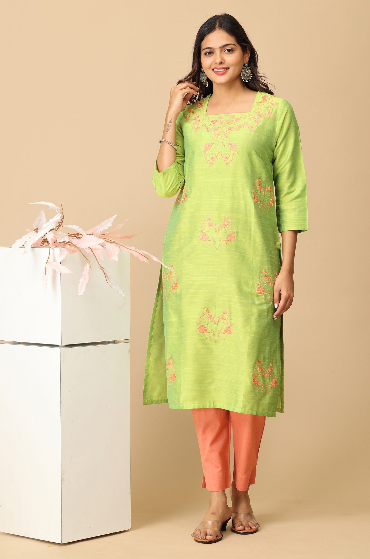 Lime Green Slub Silk All Over Embroidery Kurti