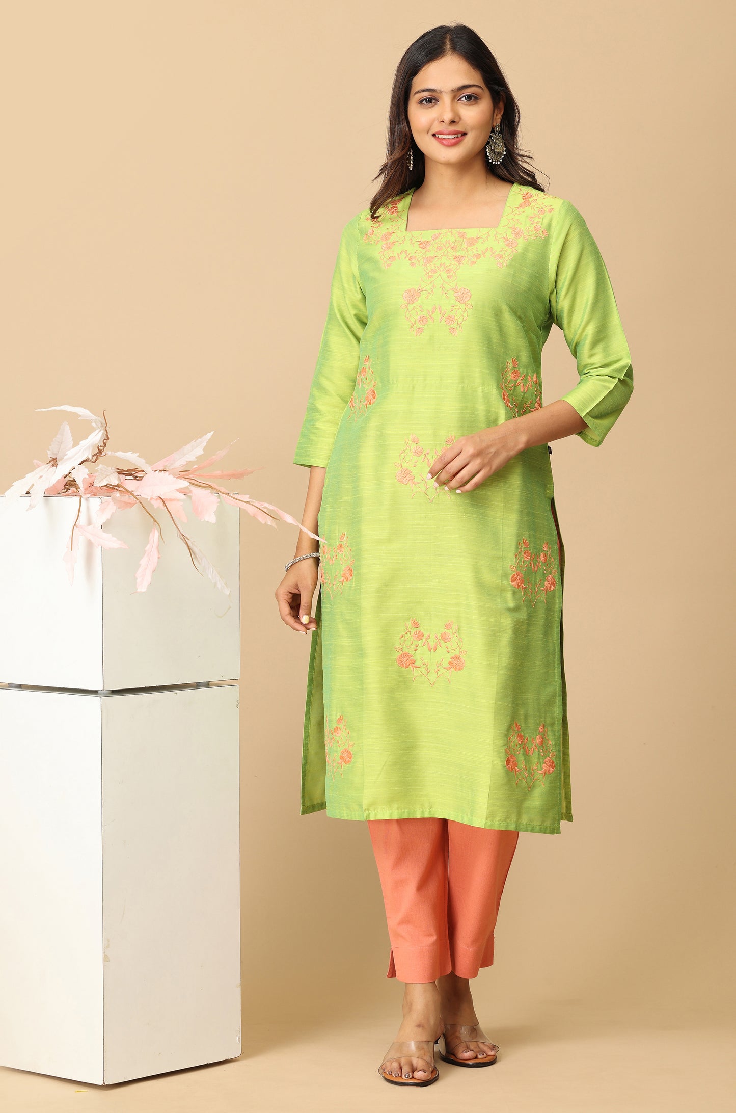 Lime Green Slub Silk All Over Embroidery Kurti