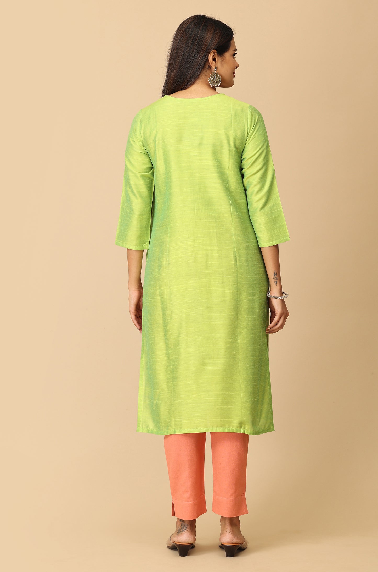 Lime Green Slub Silk All Over Embroidery Kurti