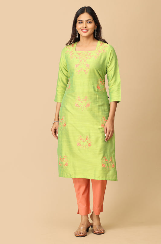 Lime Green Slub Silk All Over Embroidery Kurti