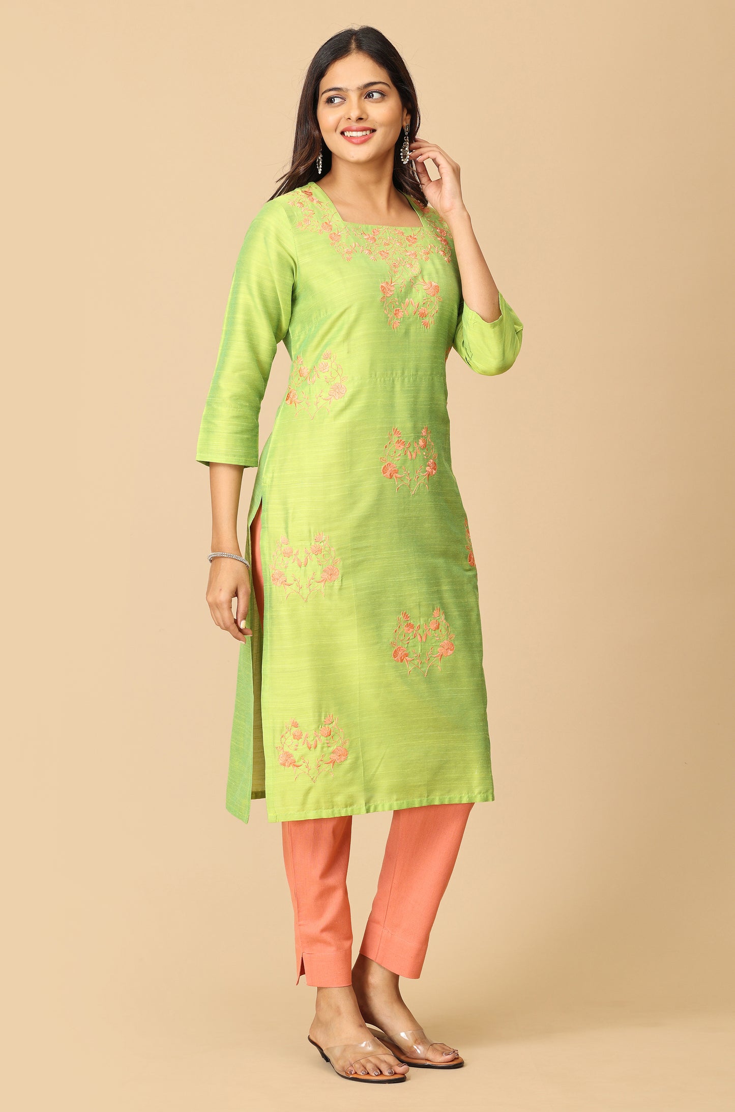Lime Green Slub Silk All Over Embroidery Kurti