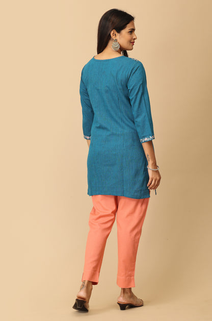 Steel Blue Khadi Embroidery Short Kurti
