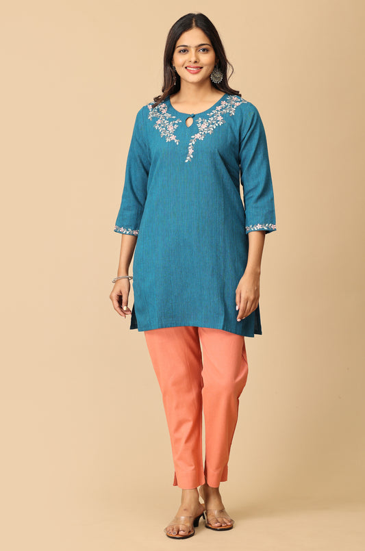 Steel Blue Khadi Embroidery Short Kurti