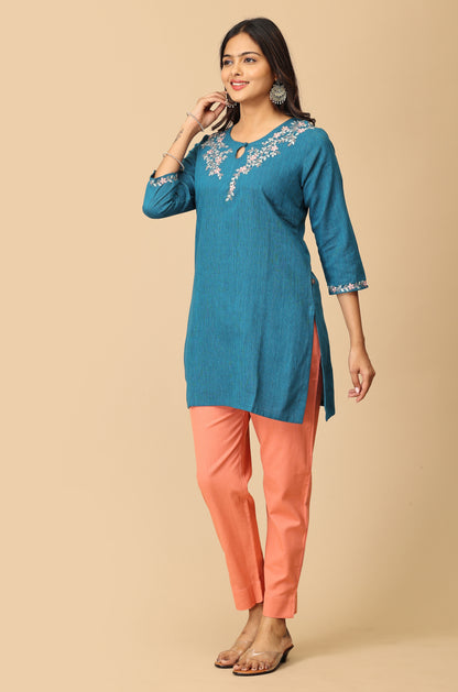 Steel Blue Khadi Embroidery Short Kurti