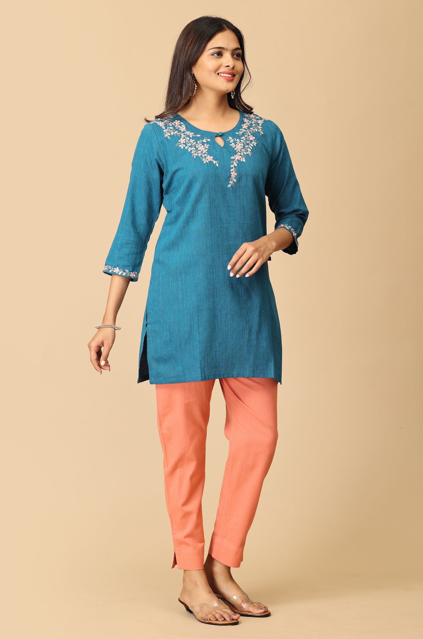 Steel Blue Khadi Embroidery Short Kurti
