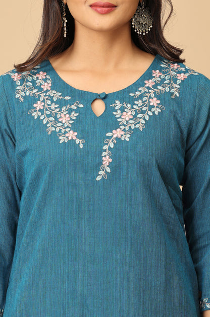 Steel Blue Khadi Embroidery Short Kurti