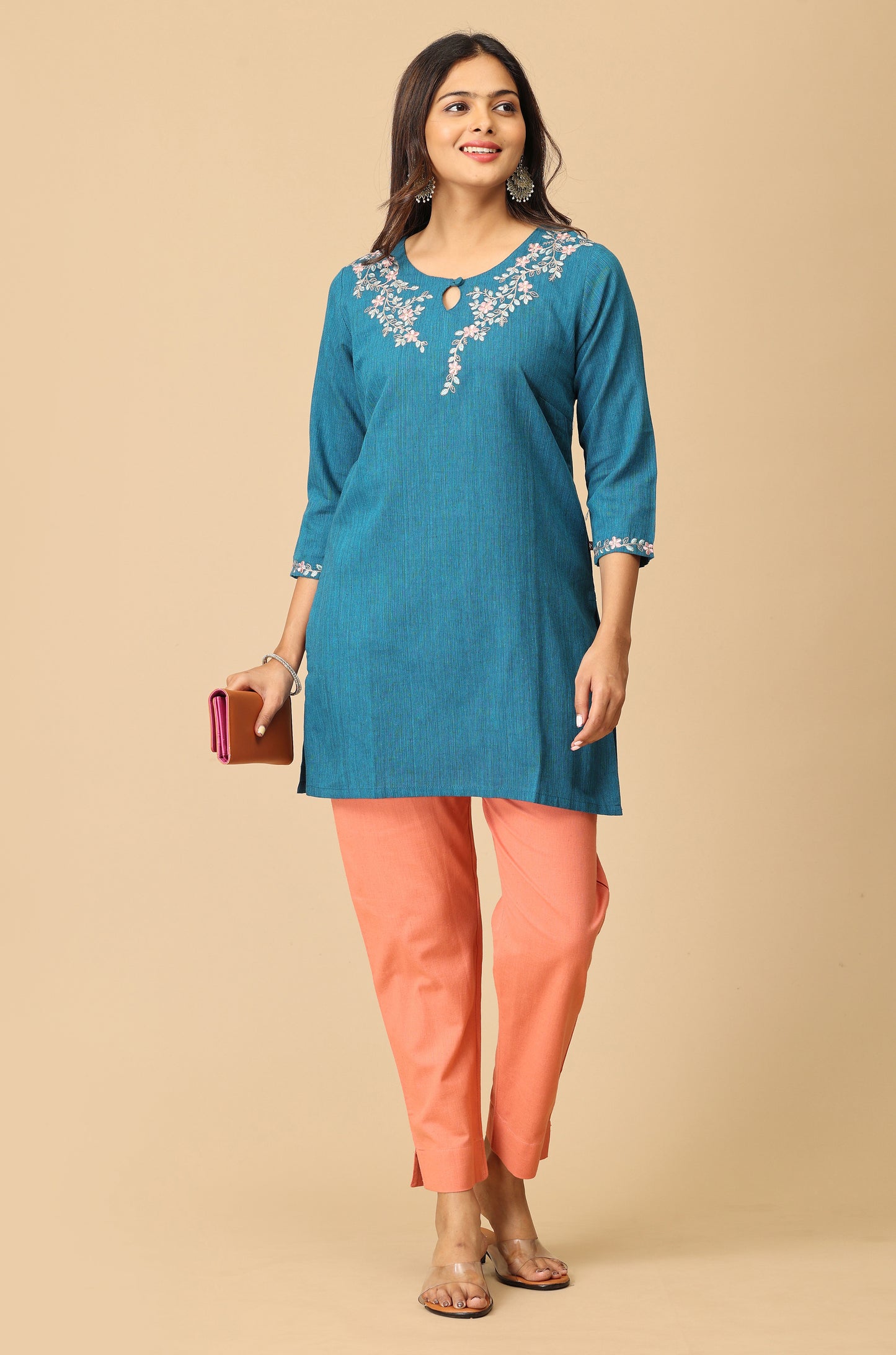 Steel Blue Khadi Embroidery Short Kurti