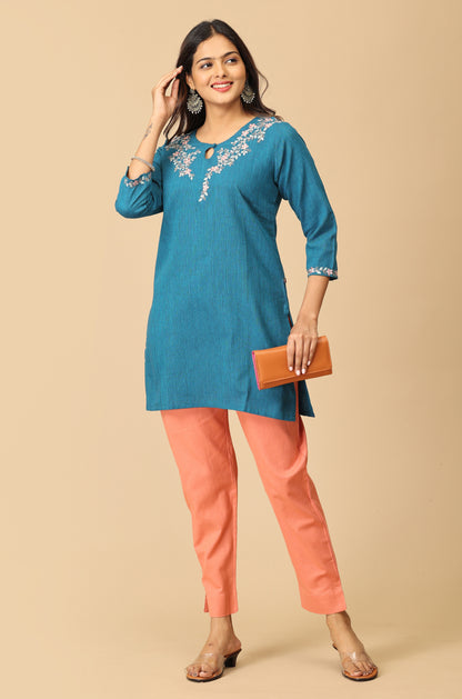 Steel Blue Khadi Embroidery Short Kurti