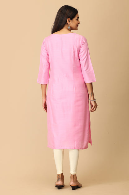 Baby Pink Slub Silk Embroidery with Button & Tassel Kurti