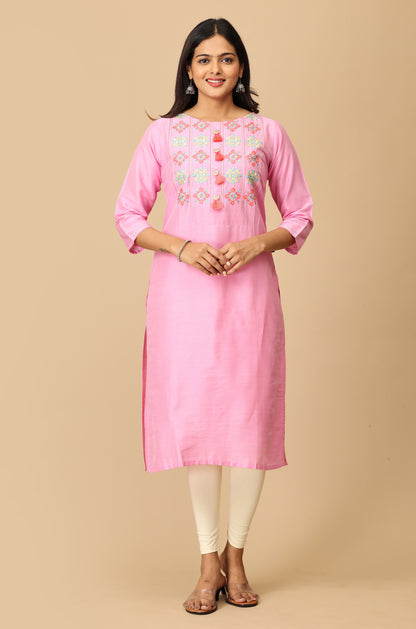 Baby Pink Slub Silk Embroidery with Button & Tassel Kurti