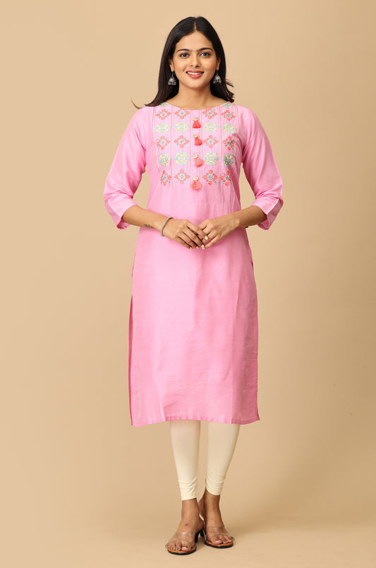 Baby Pink Slub Silk Embroidery with Button & Tassel Kurti