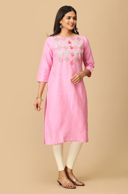 Baby Pink Slub Silk Embroidery with Button & Tassel Kurti