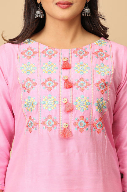 Baby Pink Slub Silk Embroidery with Button & Tassel Kurti