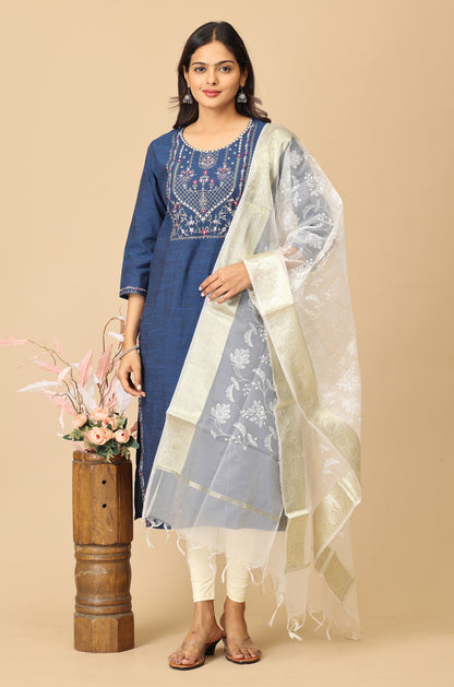 Navy Blue  Rayon Slub Embroidery Kurti