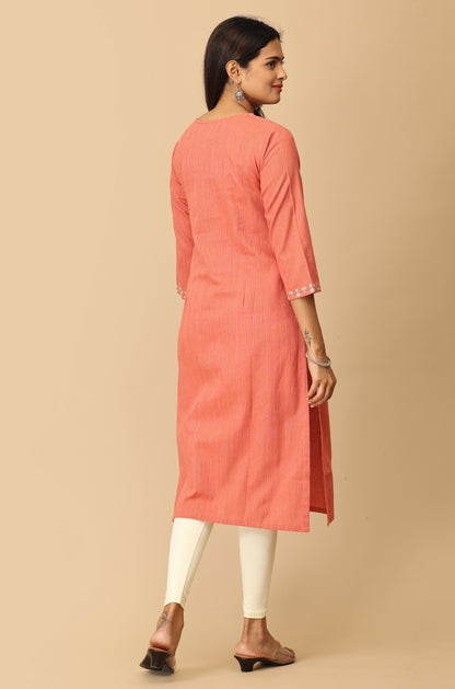 Peach Khadi Embroidery Kurti