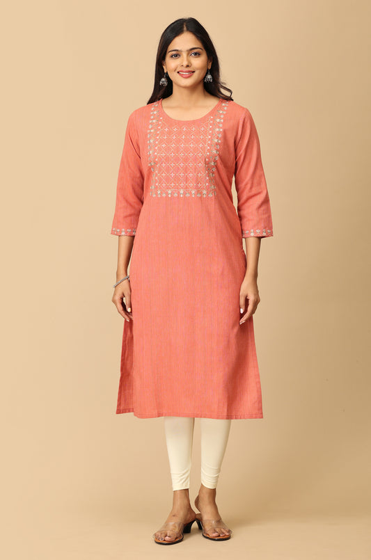 Peach Khadi Embroidery Kurti