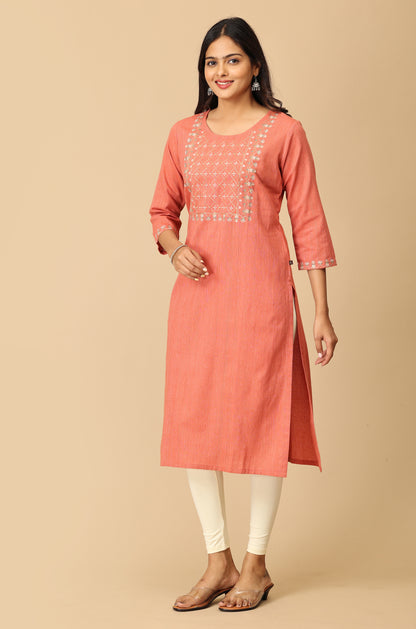 Peach Khadi Embroidery Kurti