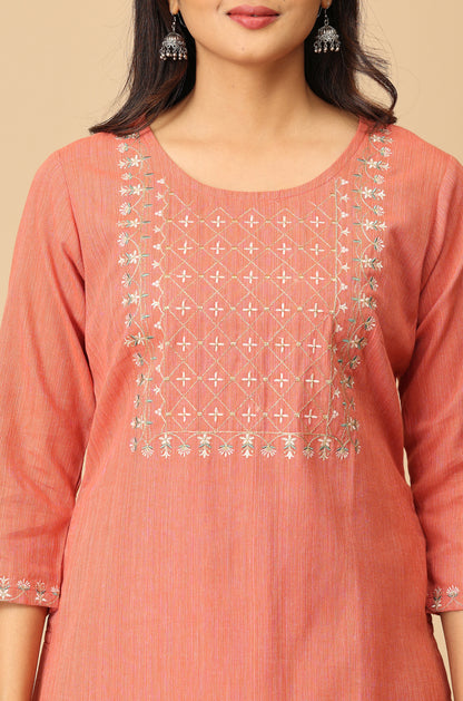 Peach Khadi Embroidery Kurti