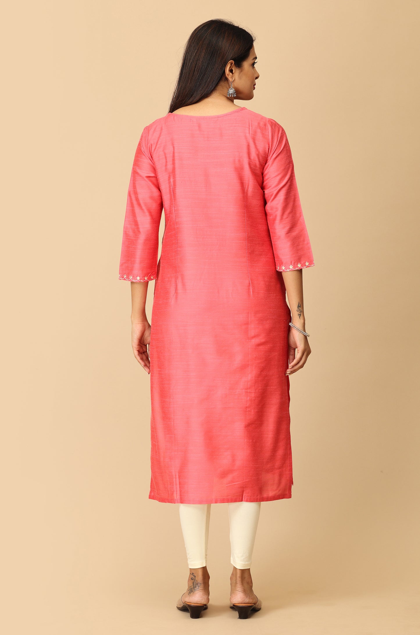 Coral Slub Silk Embroidery Kurti