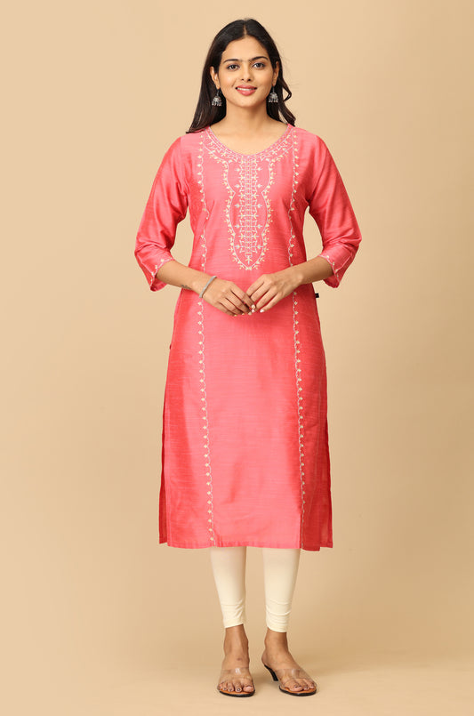 Coral Slub Silk Embroidery Kurti
