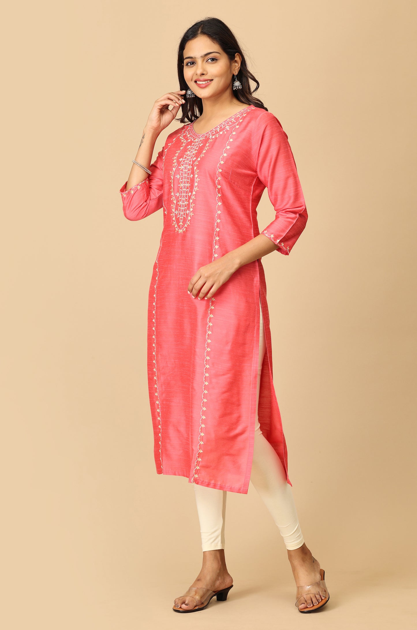 Coral Slub Silk Embroidery Kurti