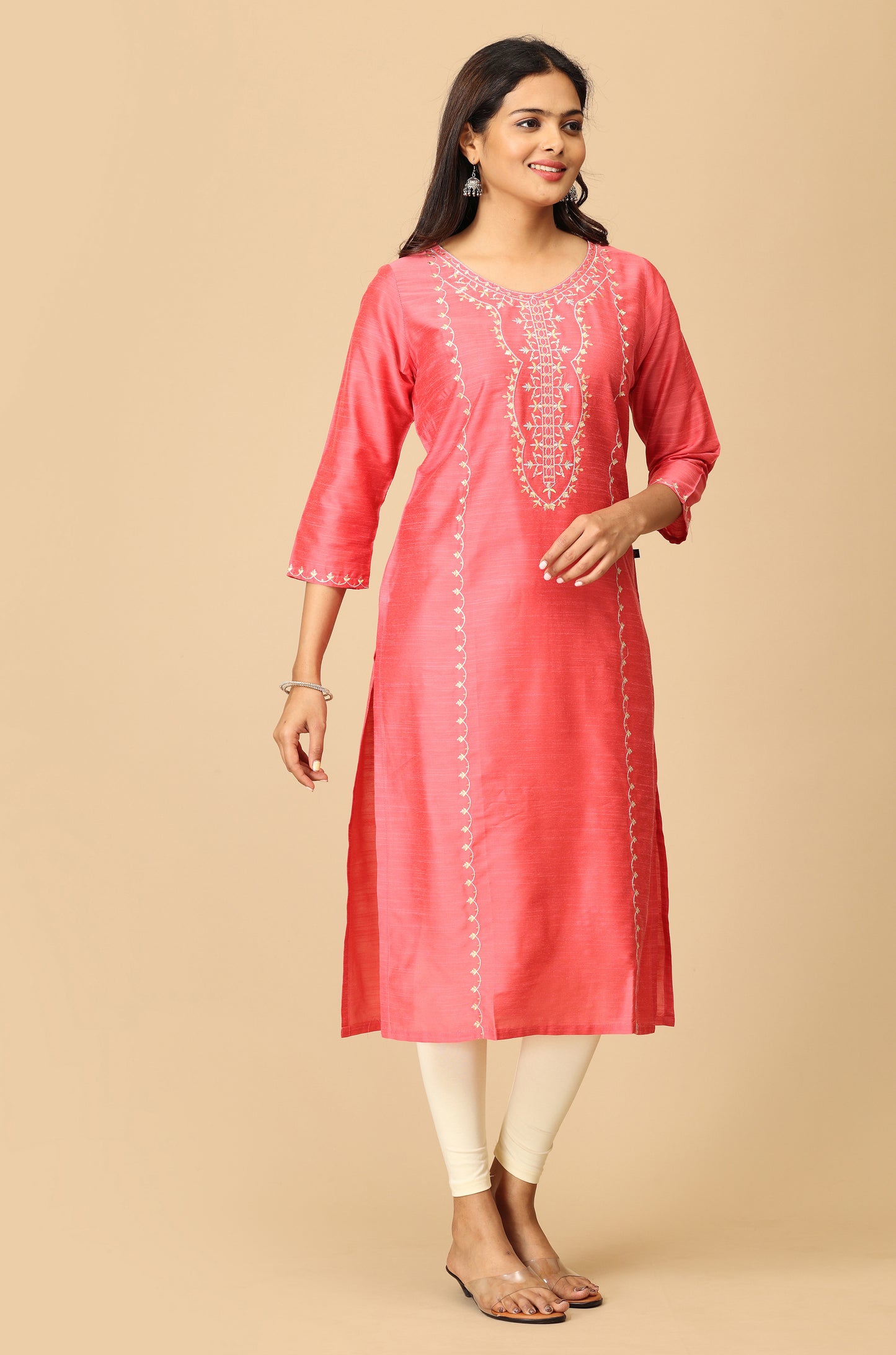 Coral Slub Silk Embroidery Kurti