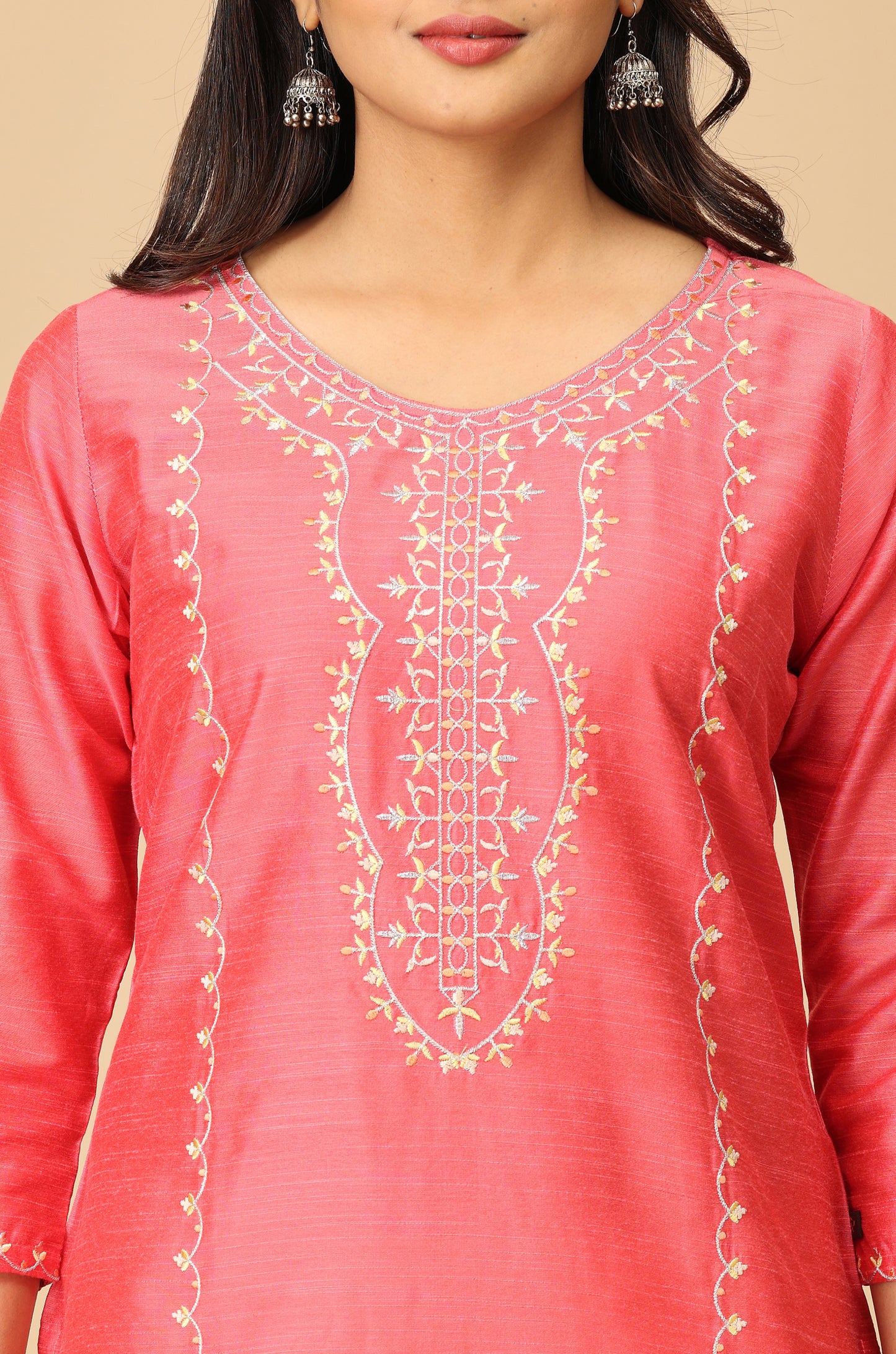 Coral Slub Silk Embroidery Kurti