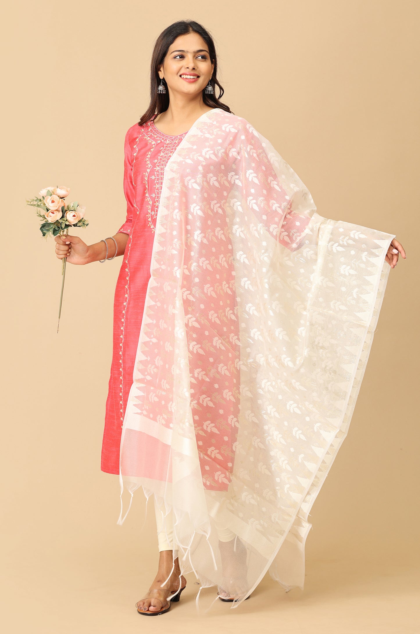Coral Slub Silk Embroidery Kurti