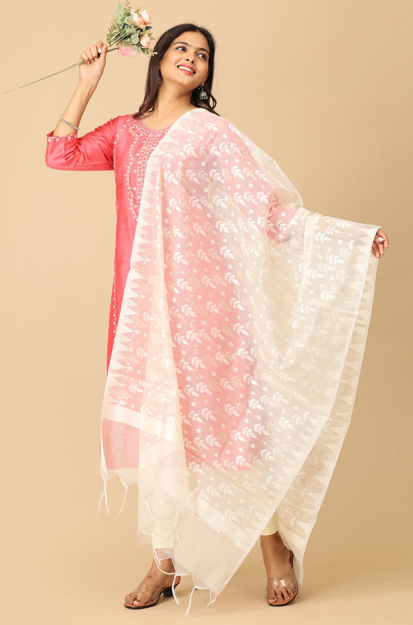 Coral Slub Silk Embroidery Kurti