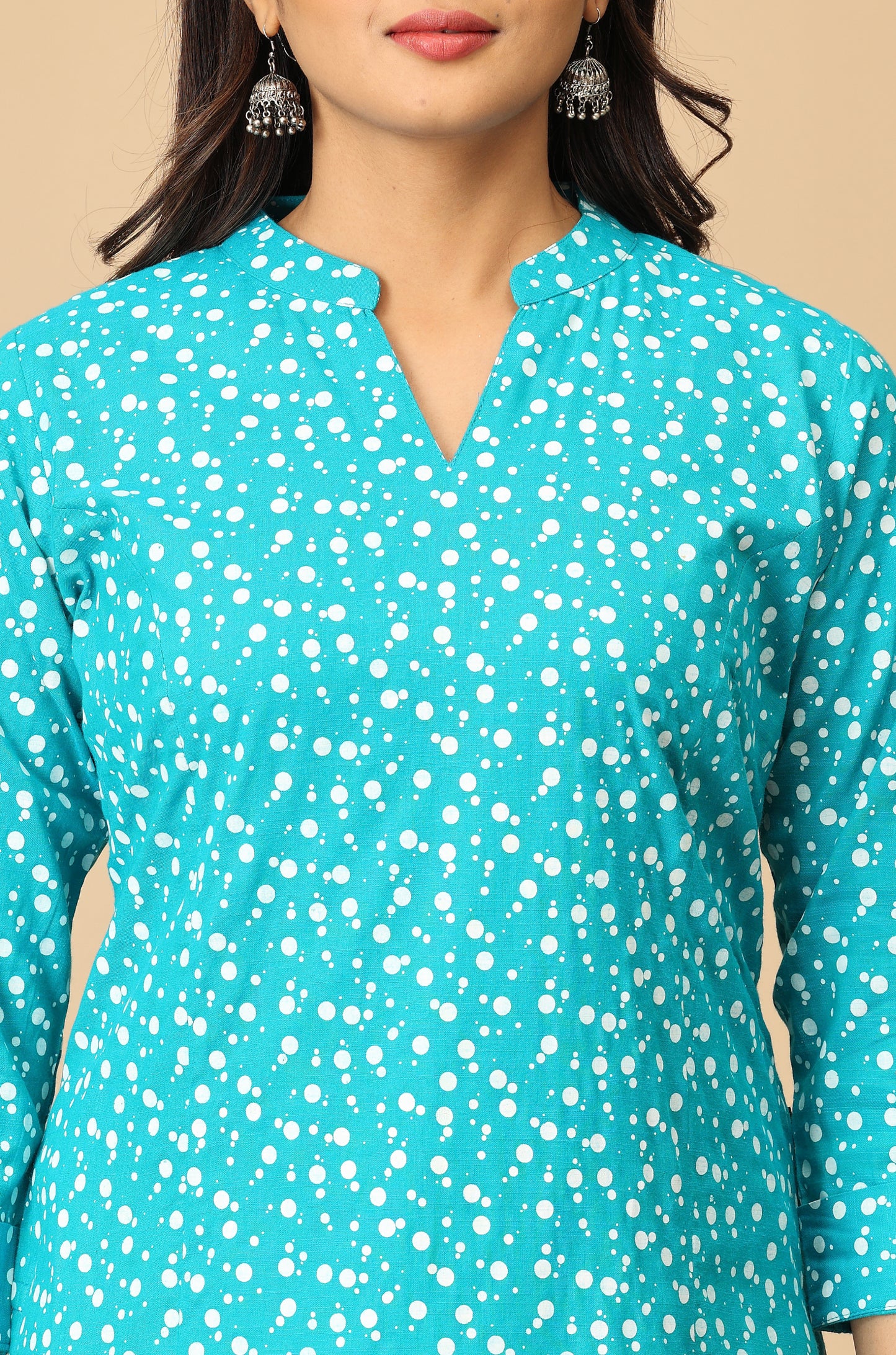 Teal Rayon Slub Polka Dotted Print Kurti
