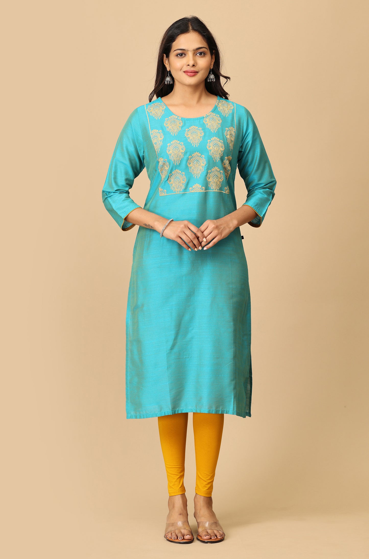 Blue Slub Silk Embroidery Kurti