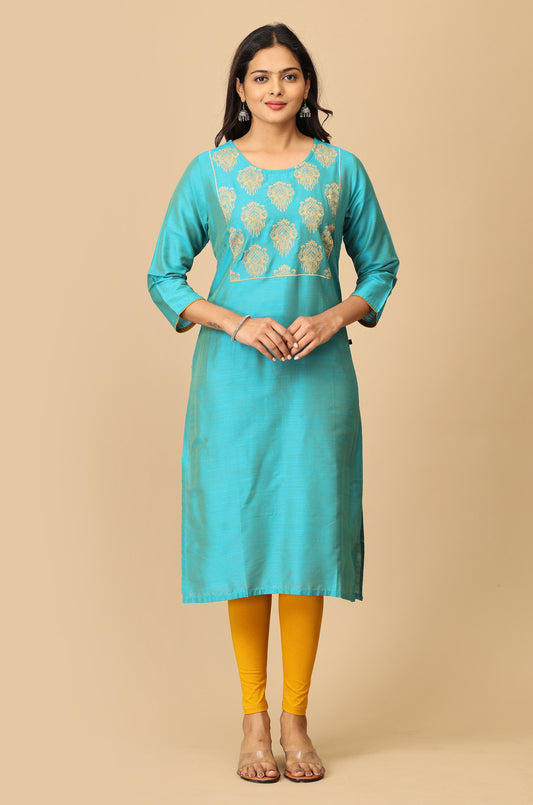 Blue Slub Silk Embroidery Kurti