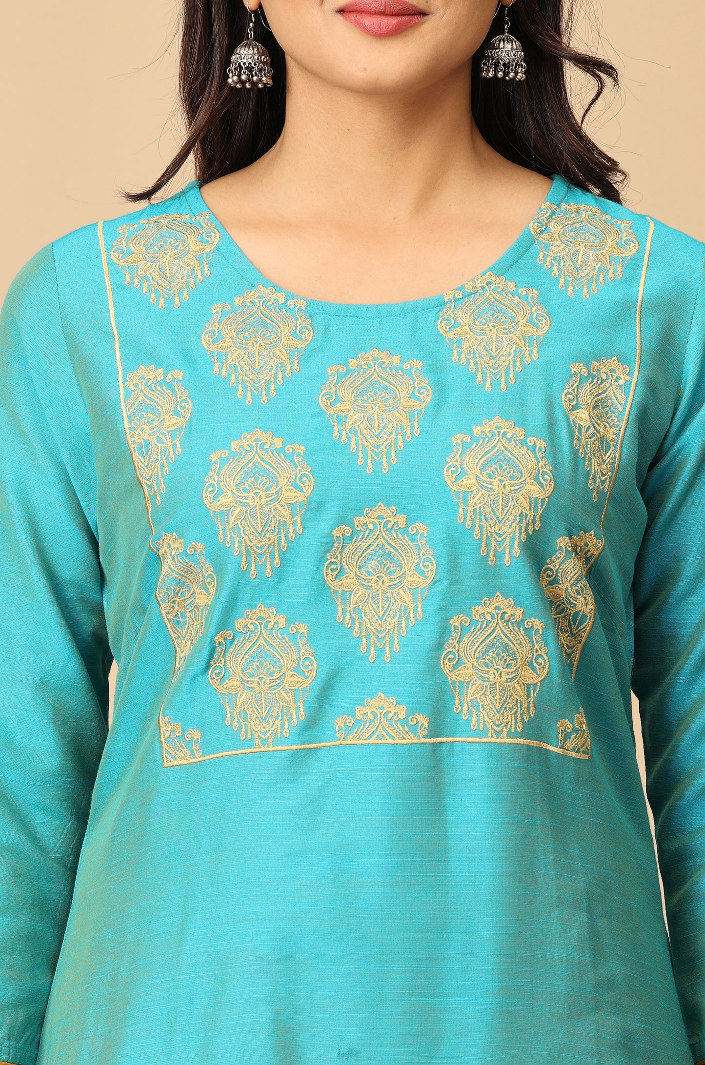Blue Slub Silk Embroidery Kurti
