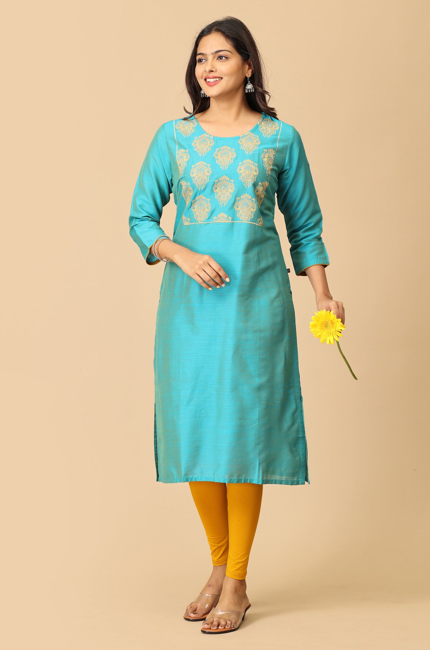 Blue Slub Silk Embroidery Kurti