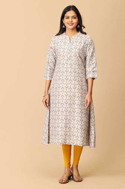 Grey Printed Slub Silk Printed Kurti