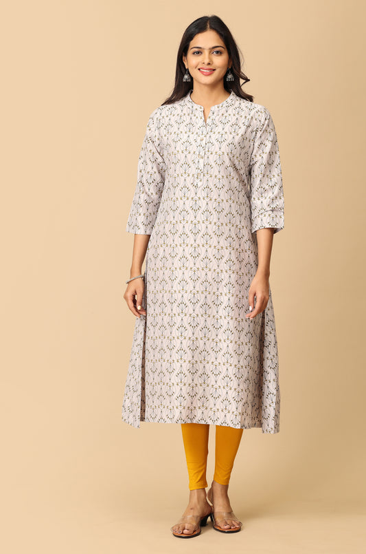 Grey Printed Slub Silk Printed Kurti