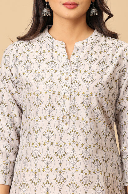 Grey Printed Slub Silk Printed Kurti