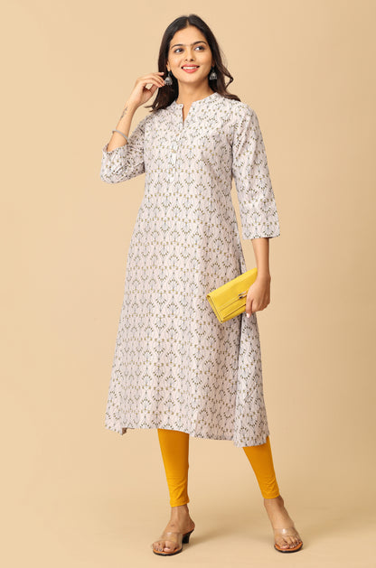 Grey Printed Slub Silk Printed Kurti