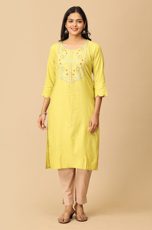 Lemon BB Cotton Embroidery Kurti