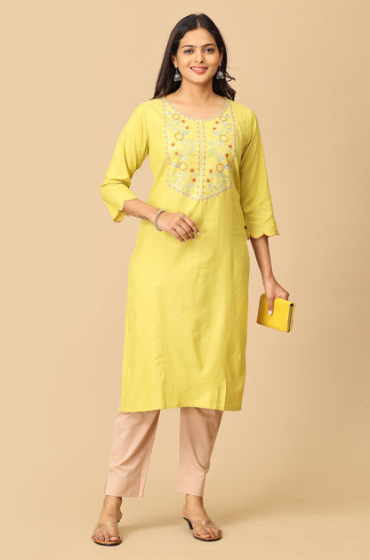 Lemon BB Cotton Embroidery Kurti